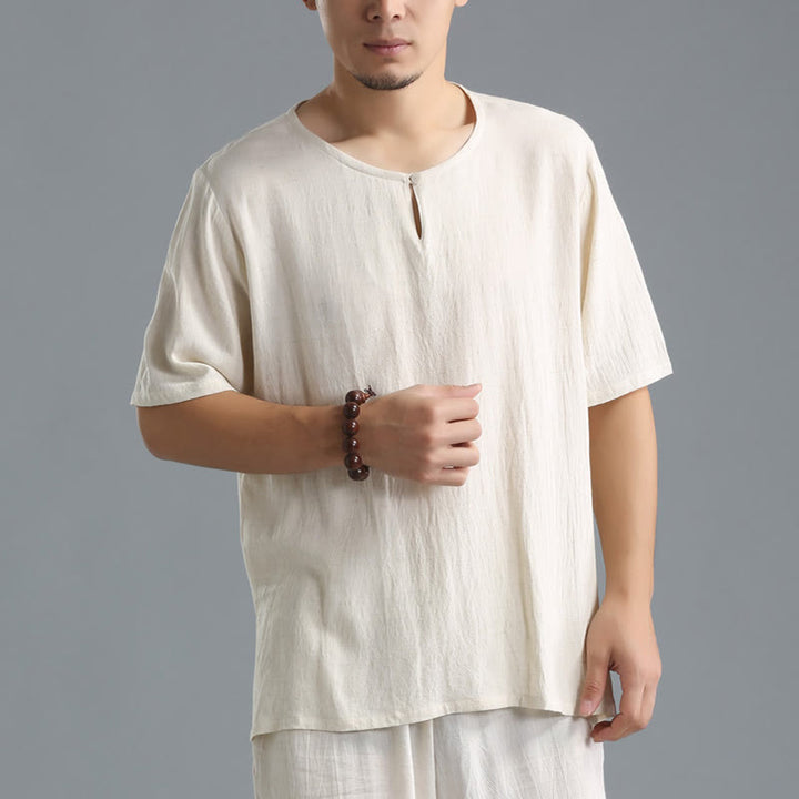Camicia da uomo in cotone e lino a maniche corte con scollo rotondo tinta unita Buddha Stones - image 17