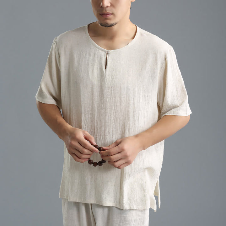 Camicia da uomo in cotone e lino a maniche corte con scollo rotondo tinta unita Buddha Stones