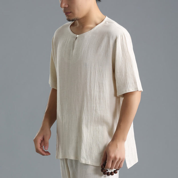 Camicia da uomo in cotone e lino a maniche corte con scollo rotondo tinta unita Buddha Stones