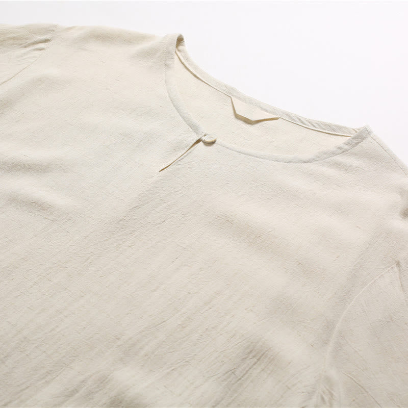 Camicia da uomo in cotone e lino a maniche corte con scollo rotondo tinta unita Buddha Stones