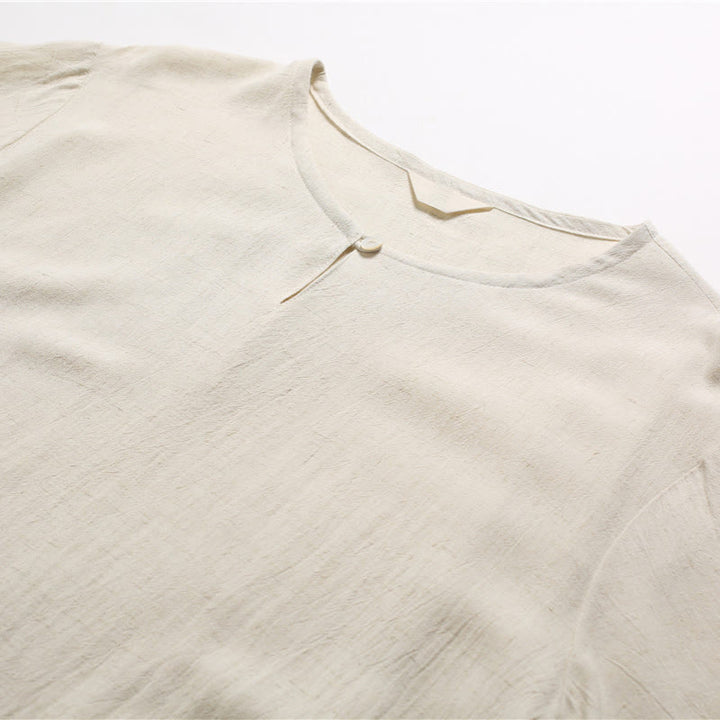 Camicia da uomo in cotone e lino a maniche corte con scollo rotondo tinta unita Buddha Stones