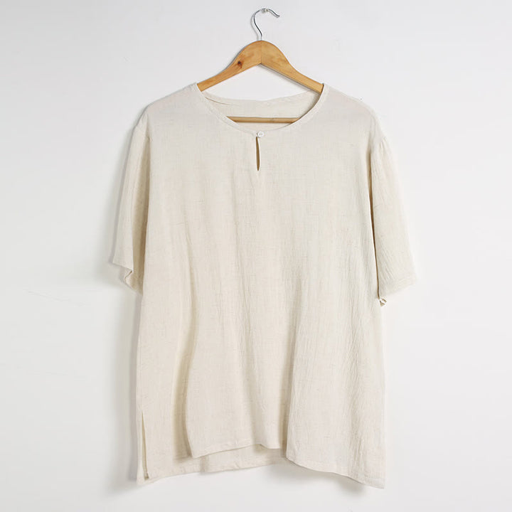 Camicia da uomo in cotone e lino a maniche corte con scollo rotondo tinta unita Buddha Stones