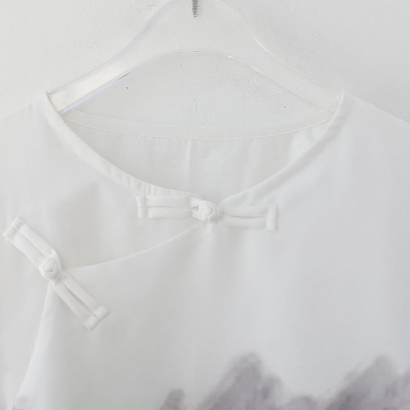 Camicia a maniche corte con pittura a inchiostro di paesaggio montano con bottoni a forma di rana da uomo Buddha Stones