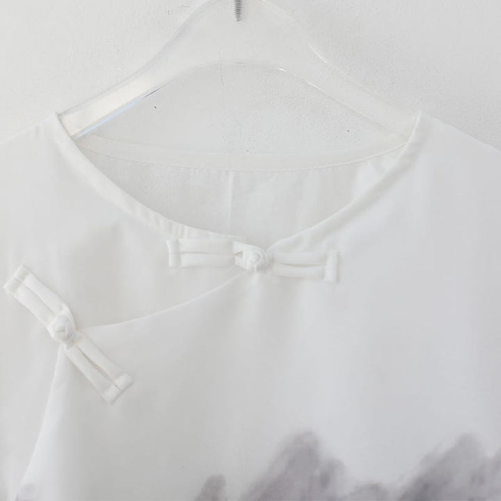 Camicia a maniche corte con pittura a inchiostro di paesaggio montano con bottoni a forma di rana da uomo Buddha Stones