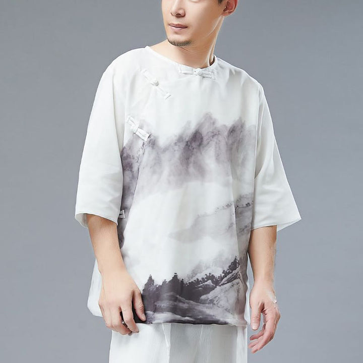 Camicia a maniche corte con pittura a inchiostro di paesaggio montano con bottoni a forma di rana da uomo Buddha Stones