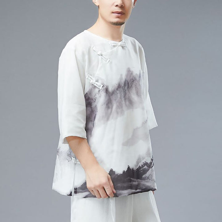 Camicia a maniche corte con pittura a inchiostro di paesaggio montano con bottoni a forma di rana da uomo Buddha Stones