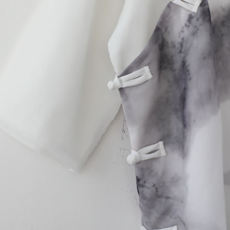 Camicia a maniche corte con pittura a inchiostro di paesaggio montano con bottoni a forma di rana da uomo Buddha Stones
