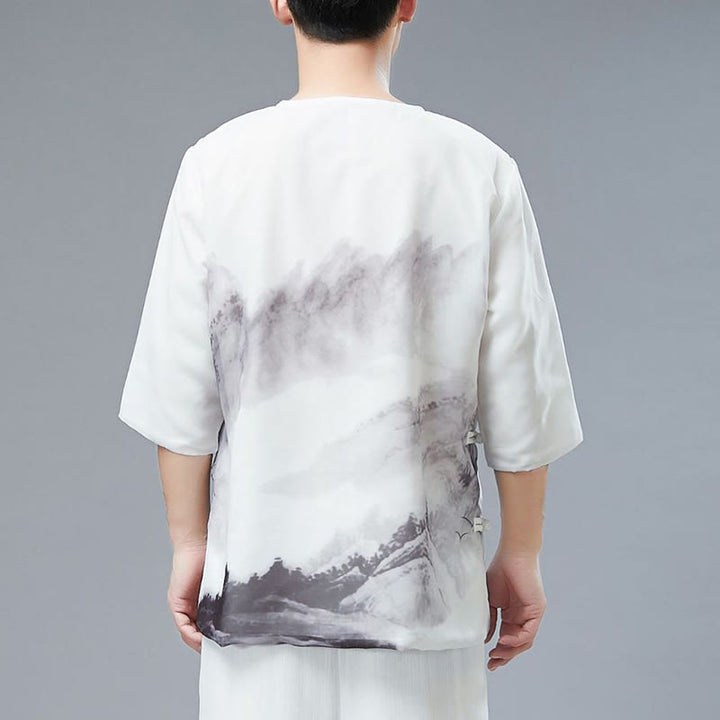 Camicia a maniche corte con pittura a inchiostro di paesaggio montano con bottoni a forma di rana da uomo Buddha Stones