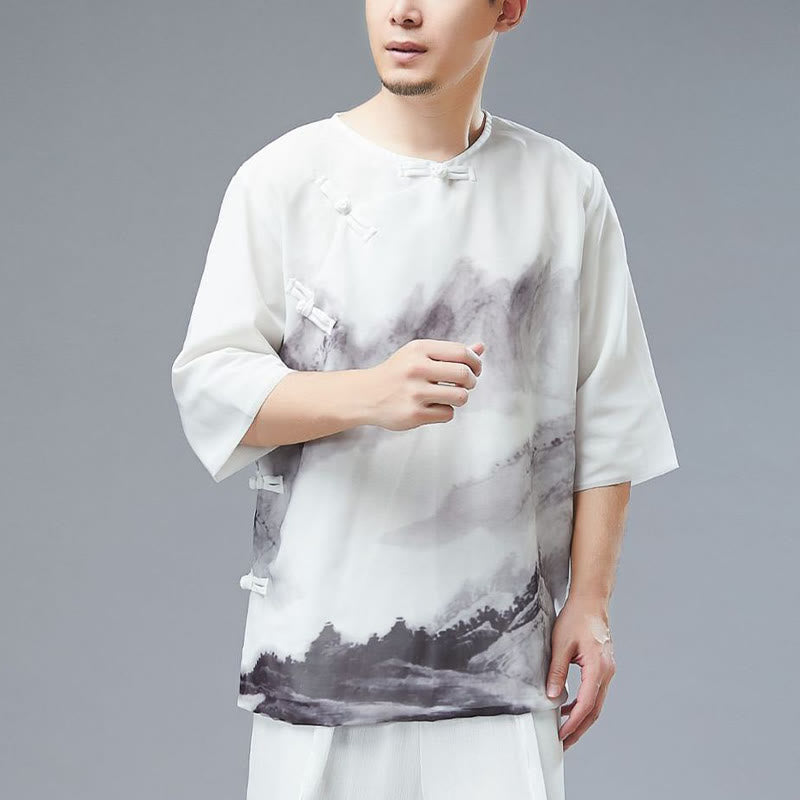 Camicia a maniche corte con pittura a inchiostro di paesaggio montano con bottoni a forma di rana da uomo Buddha Stones