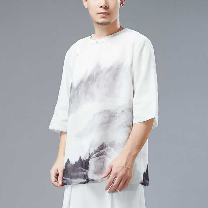 Camicia a maniche corte con pittura a inchiostro di paesaggio montano con bottoni a forma di rana da uomo Buddha Stones