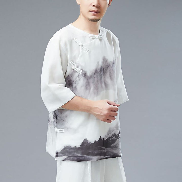 Camicia a maniche corte con pittura a inchiostro di paesaggio montano con bottoni a forma di rana da uomo Buddha Stones