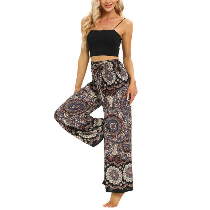 Pantaloni da yoga da donna con lacci e stampa mandala boho Buddha Stones