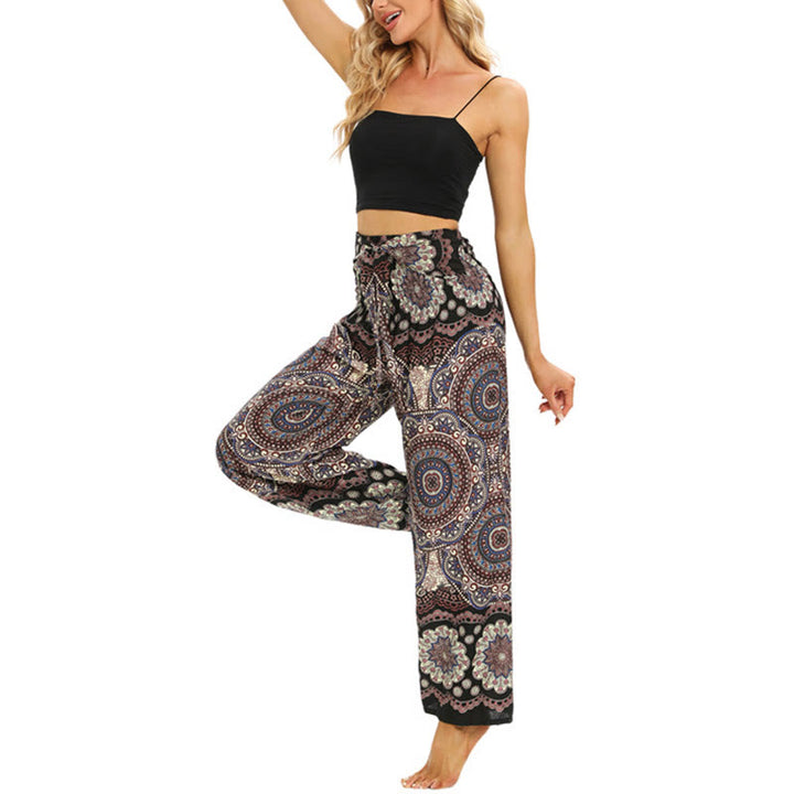 Pantaloni da yoga da donna con lacci e stampa mandala boho Buddha Stones