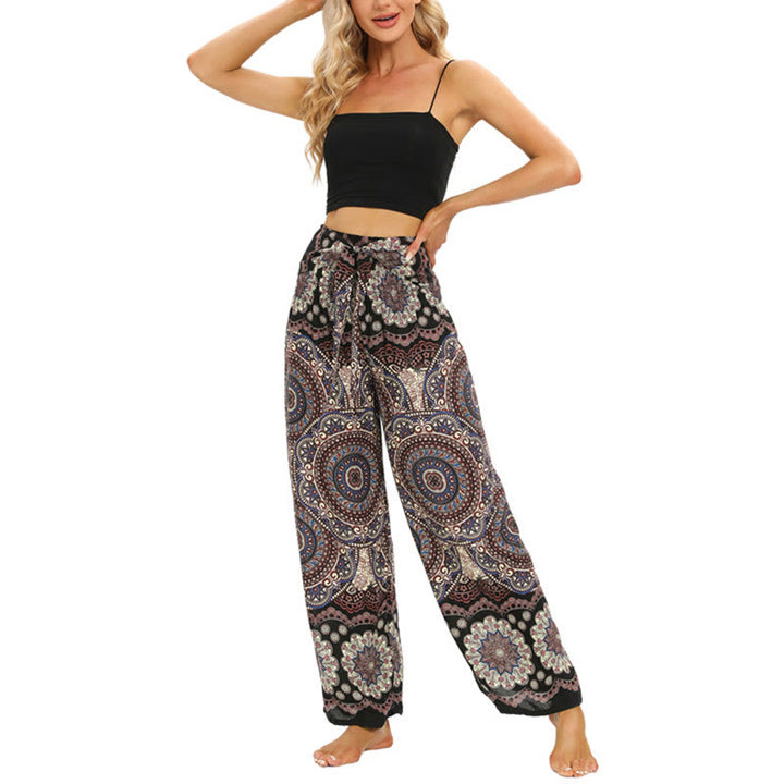 Pantaloni da yoga da donna con lacci e stampa mandala boho Buddha Stones
