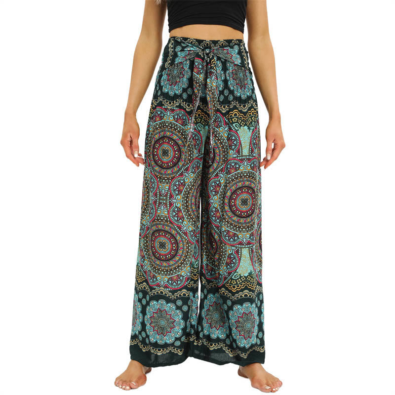 Pantaloni da yoga da donna con lacci e stampa mandala boho Buddha Stones