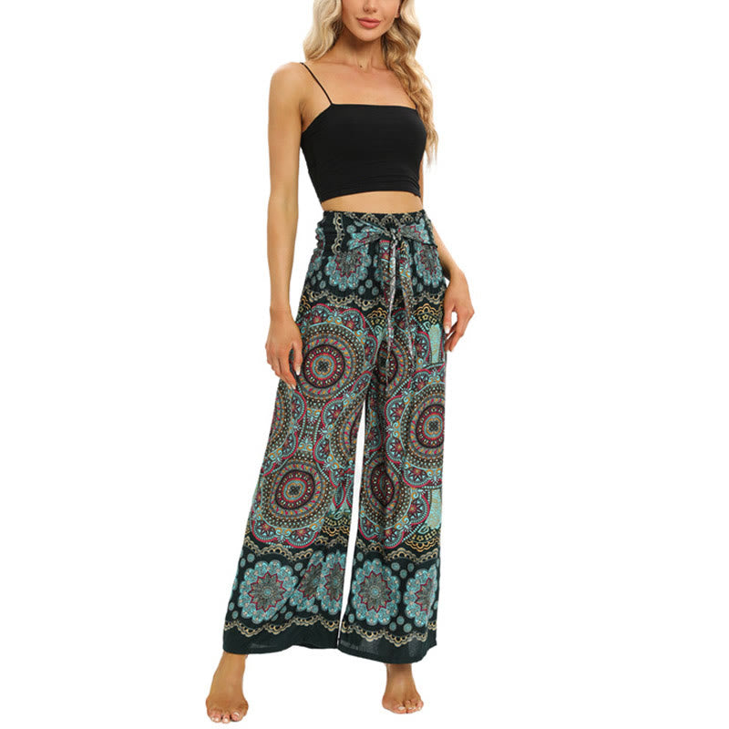 Pantaloni da yoga da donna con lacci e stampa mandala boho Buddha Stones