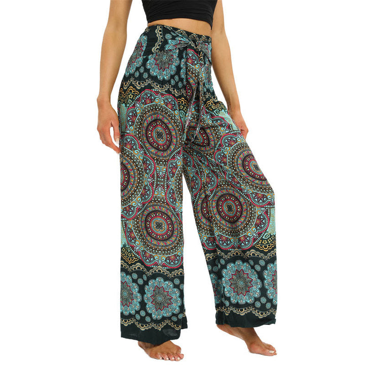 Pantaloni da yoga da donna con lacci e stampa mandala boho Buddha Stones