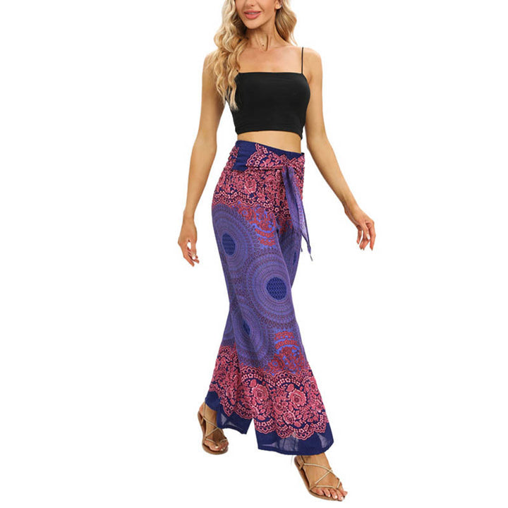 Pantaloni da yoga da donna con lacci e stampa floreale con bussola bohémien Buddha Stones