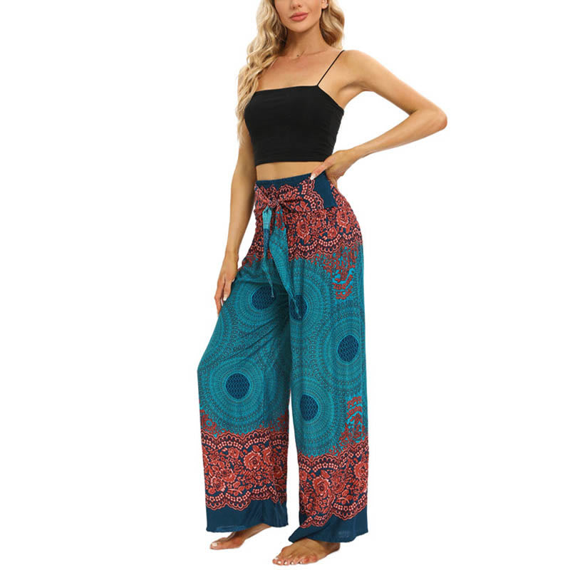 Pantaloni da yoga da donna con lacci e stampa floreale con bussola bohémien Buddha Stones