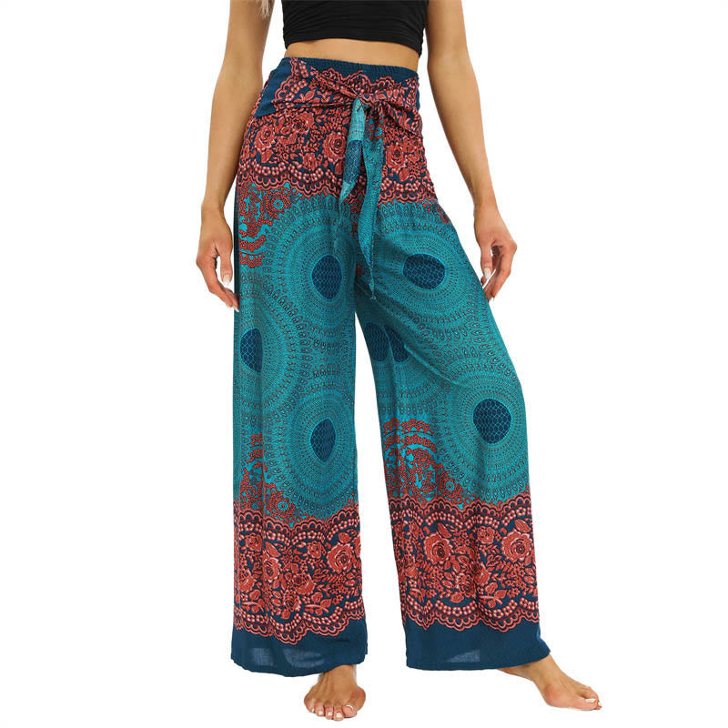 Pantaloni da yoga da donna con lacci e stampa floreale con bussola bohémien Buddha Stones - Acquamarina media - US2-12， UK/AU6-16，EU34-44 (F) - image 1