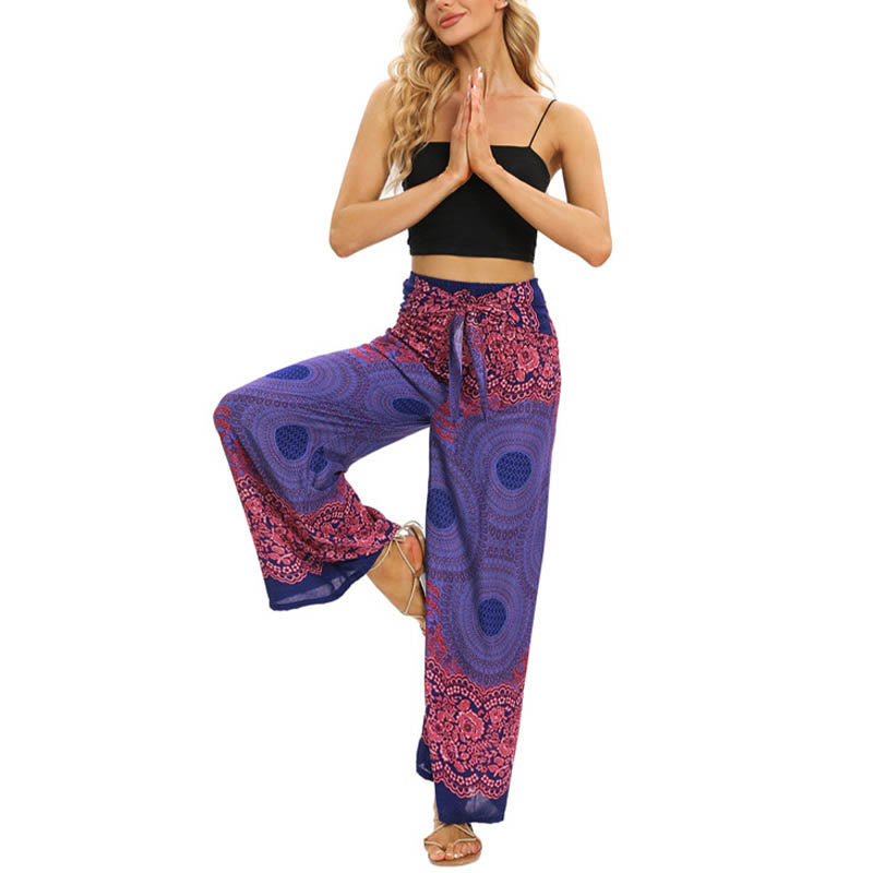 Pantaloni da yoga da donna con lacci e stampa floreale con bussola bohémien Buddha Stones