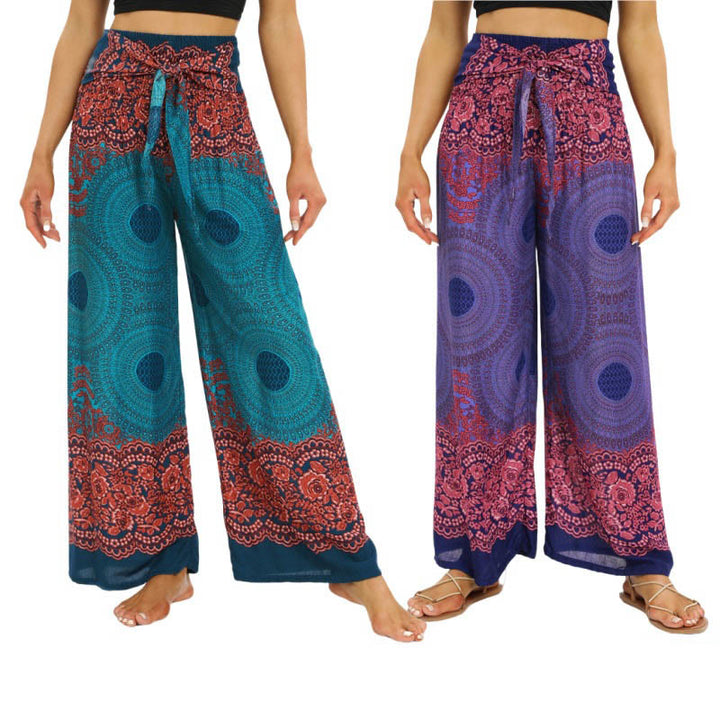 Pantaloni da yoga da donna con lacci e stampa floreale con bussola bohémien Buddha Stones