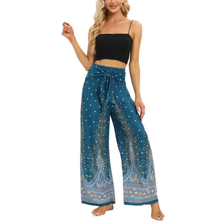 Pantaloni da yoga da donna con lacci e piume di pavone Boho Buddha Stones