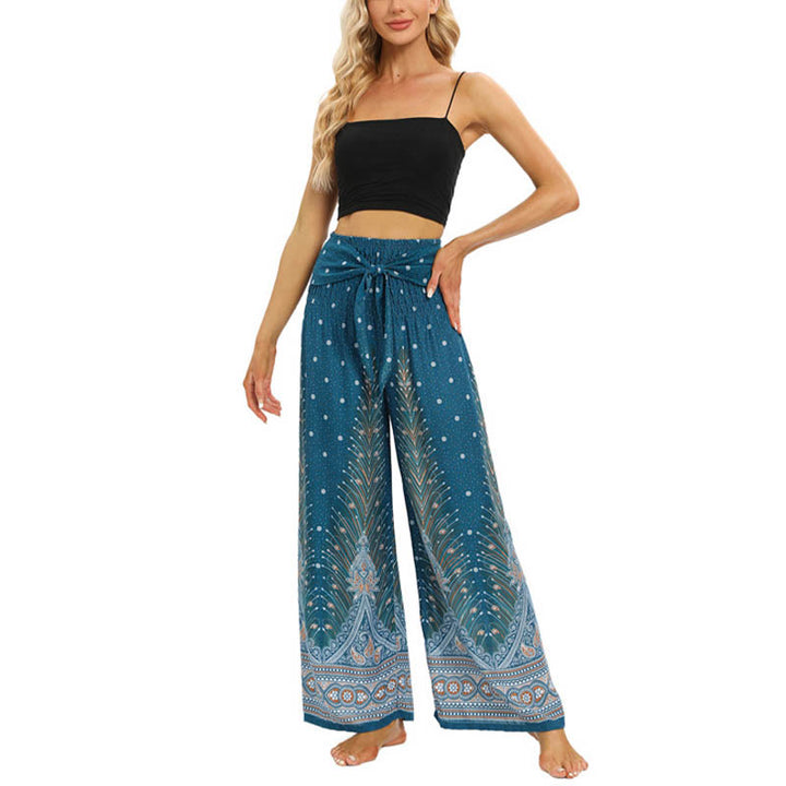 Pantaloni da yoga da donna con lacci e piume di pavone Boho Buddha Stones