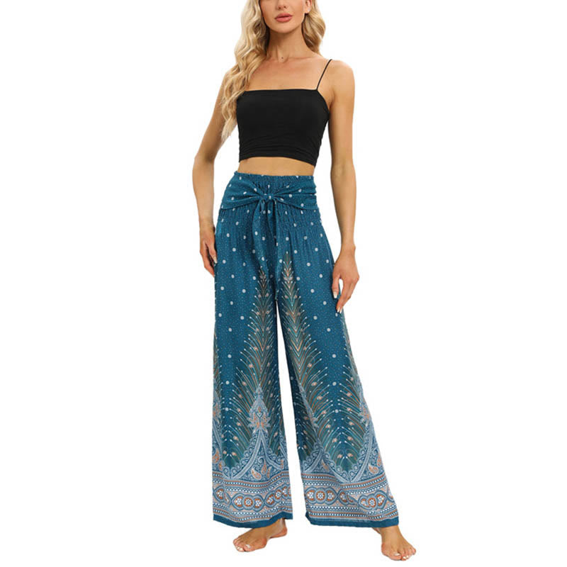 Pantaloni da yoga da donna con lacci e piume di pavone Boho Buddha Stones