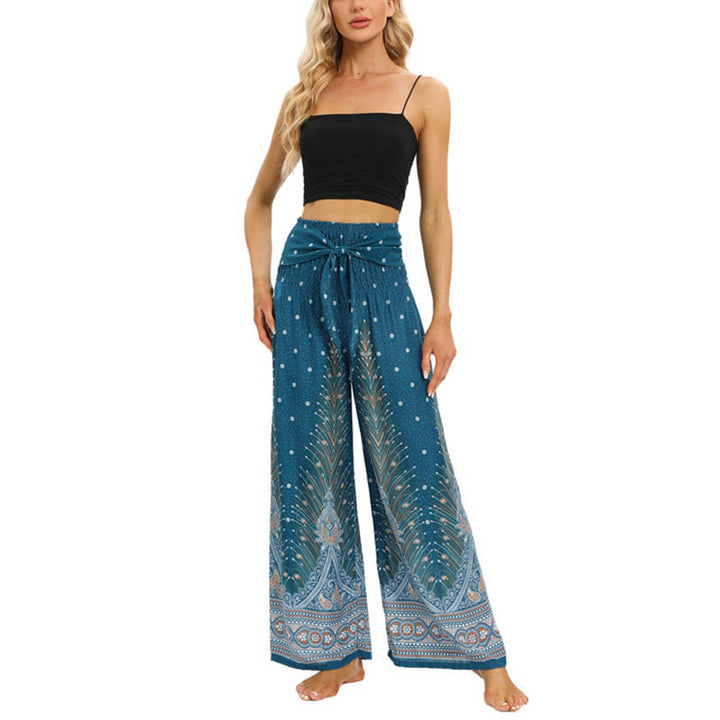 Pantaloni da yoga da donna con lacci e piume di pavone Boho Buddha Stones