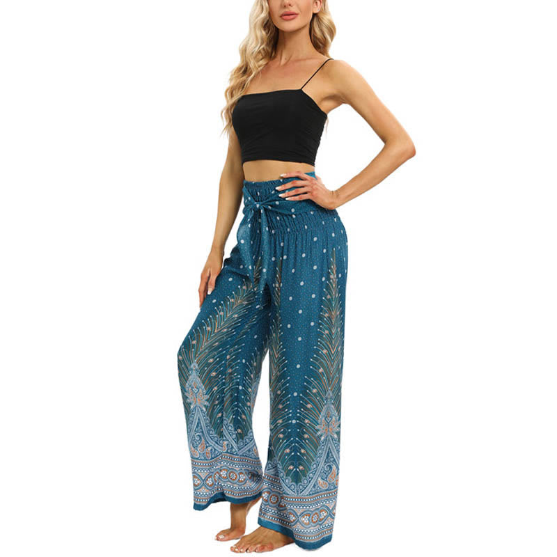 Pantaloni da yoga da donna con lacci e piume di pavone Boho Buddha Stones