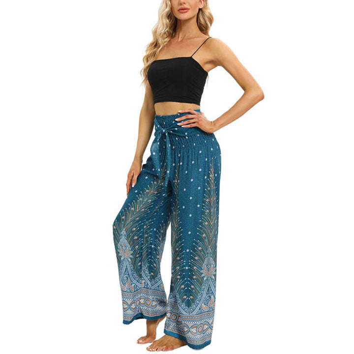 Pantaloni da yoga da donna con lacci e piume di pavone Boho Buddha Stones