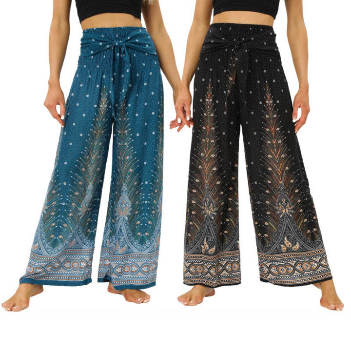 Pantaloni da yoga da donna con lacci e piume di pavone Boho Buddha Stones