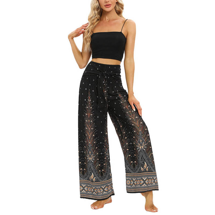 Pantaloni da yoga da donna con lacci e piume di pavone Boho Buddha Stones