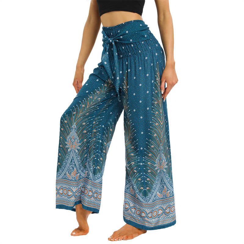 Pantaloni da yoga da donna con lacci e piume di pavone Boho Buddha Stones