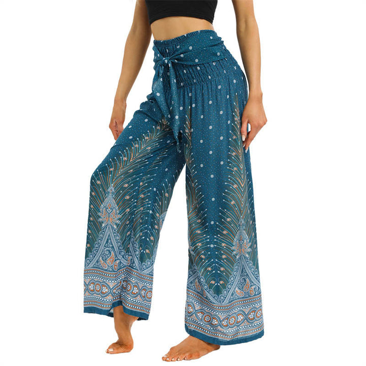 Pantaloni da yoga da donna con lacci e piume di pavone Boho Buddha Stones