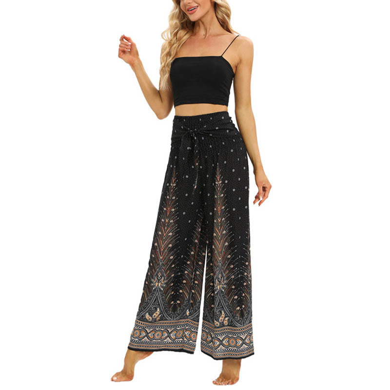 Pantaloni da yoga da donna con lacci e piume di pavone Boho Buddha Stones