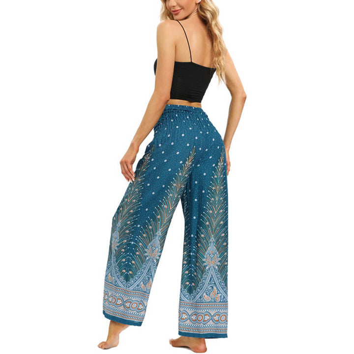Pantaloni da yoga da donna con lacci e piume di pavone Boho Buddha Stones