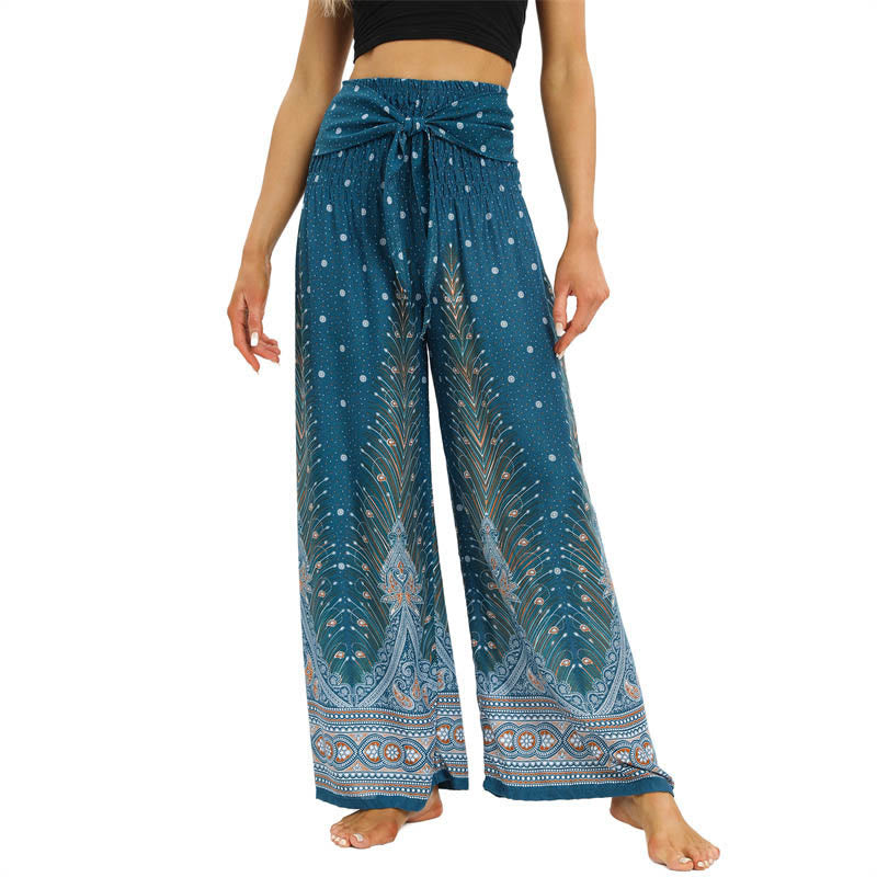 Pantaloni da yoga da donna con lacci e piume di pavone Boho Buddha Stones