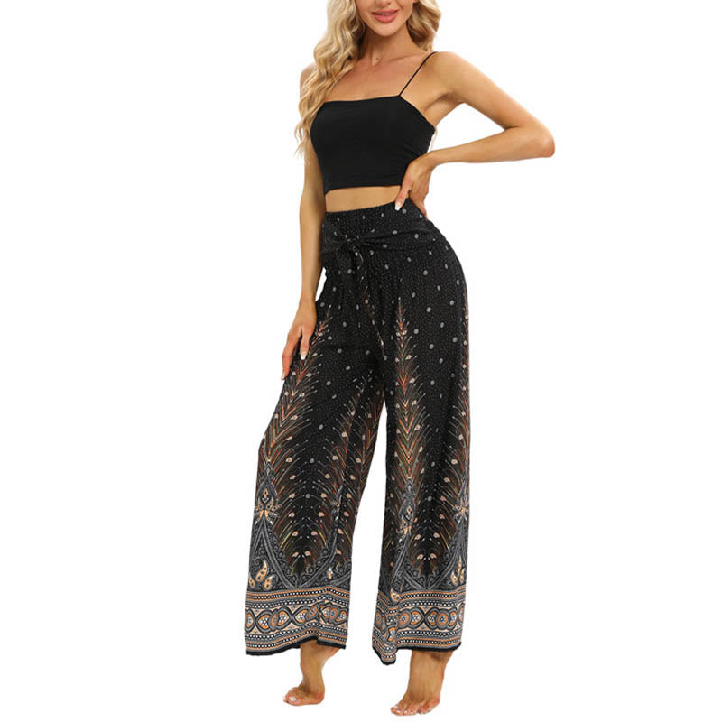 Pantaloni da yoga da donna con lacci e piume di pavone Boho Buddha Stones