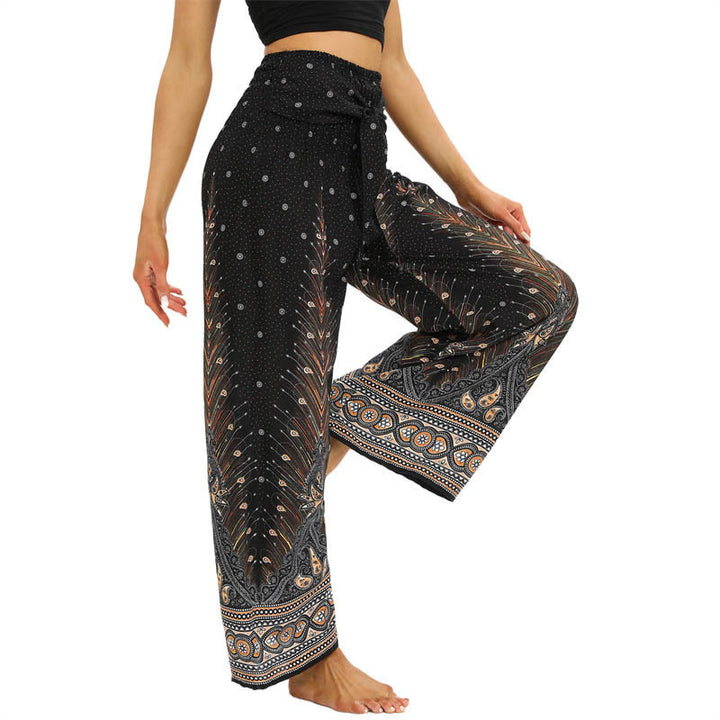 Pantaloni da yoga da donna con lacci e piume di pavone Boho Buddha Stones