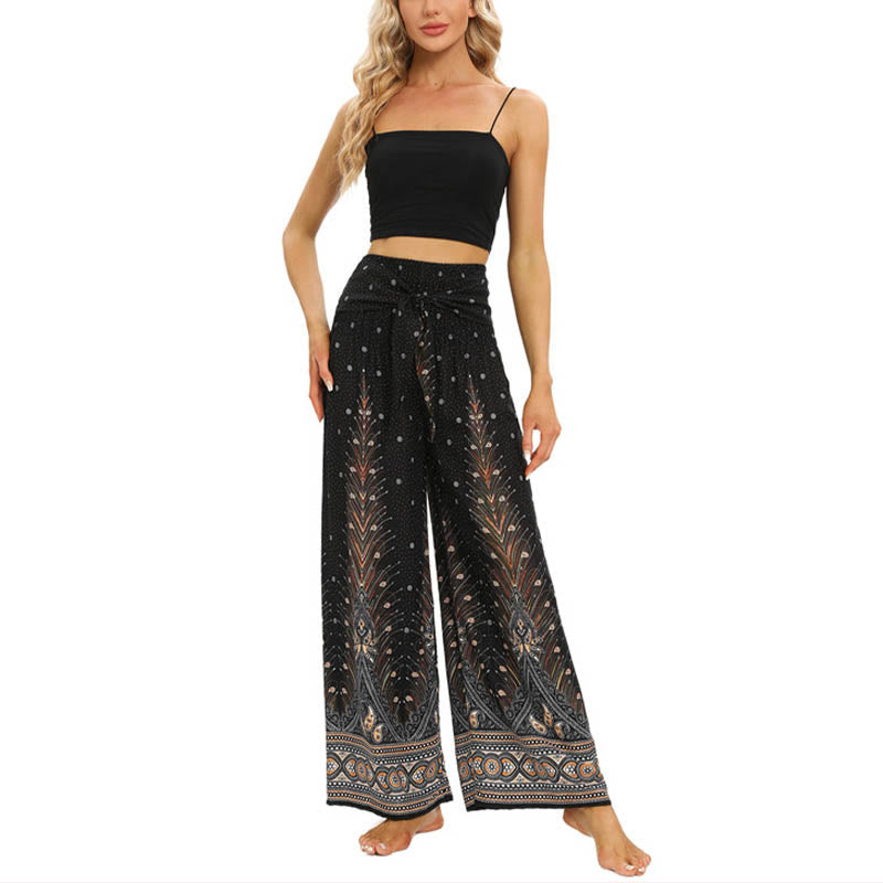 Pantaloni da yoga da donna con lacci e piume di pavone Boho Buddha Stones