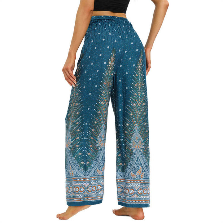 Pantaloni da yoga da donna con lacci e piume di pavone Boho Buddha Stones