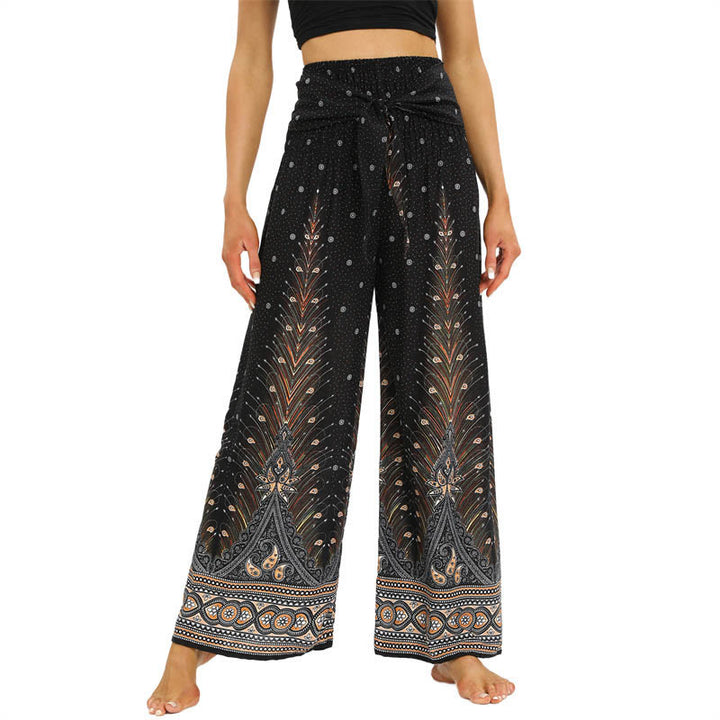 Pantaloni da yoga da donna con lacci e piume di pavone Boho Buddha Stones