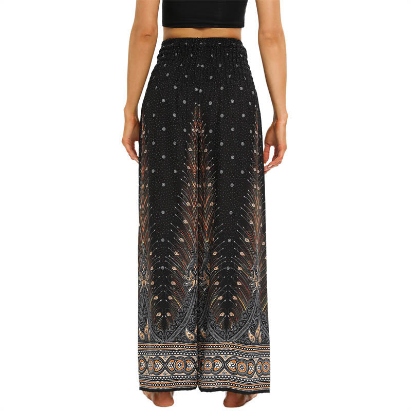 Pantaloni da yoga da donna con lacci e piume di pavone Boho Buddha Stones