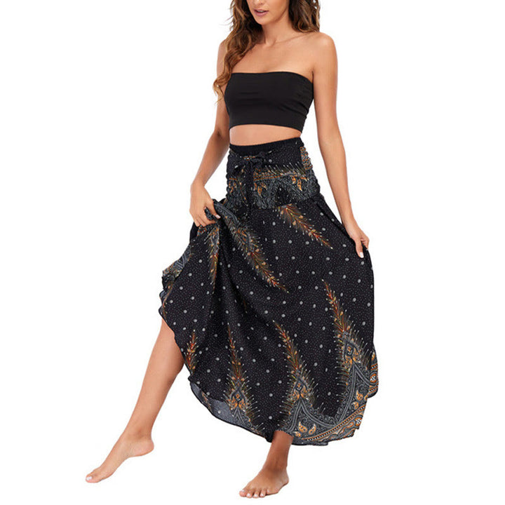 Buddha Stones Due stili indossano Boho Summer Peacock Feather Lace-up Skirt Dress - image 11