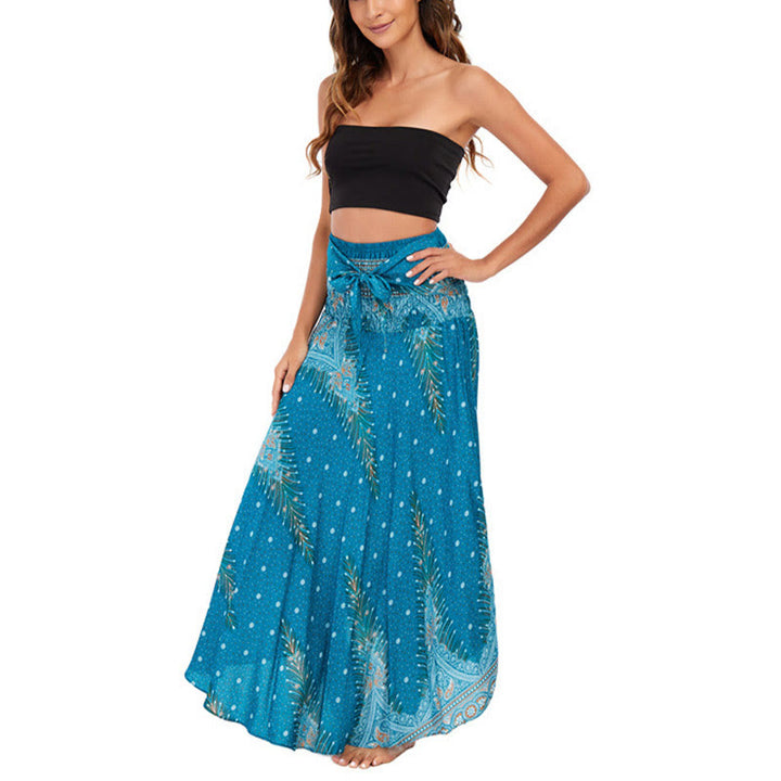 Buddha Stones Due stili indossano Boho Summer Peacock Feather Lace-up Skirt Dress - image 3