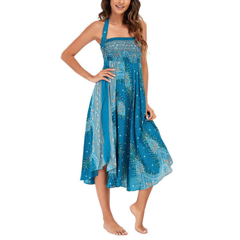 Buddha Stones Due stili indossano Boho Summer Peacock Feather Lace-up Skirt Dress - image 6