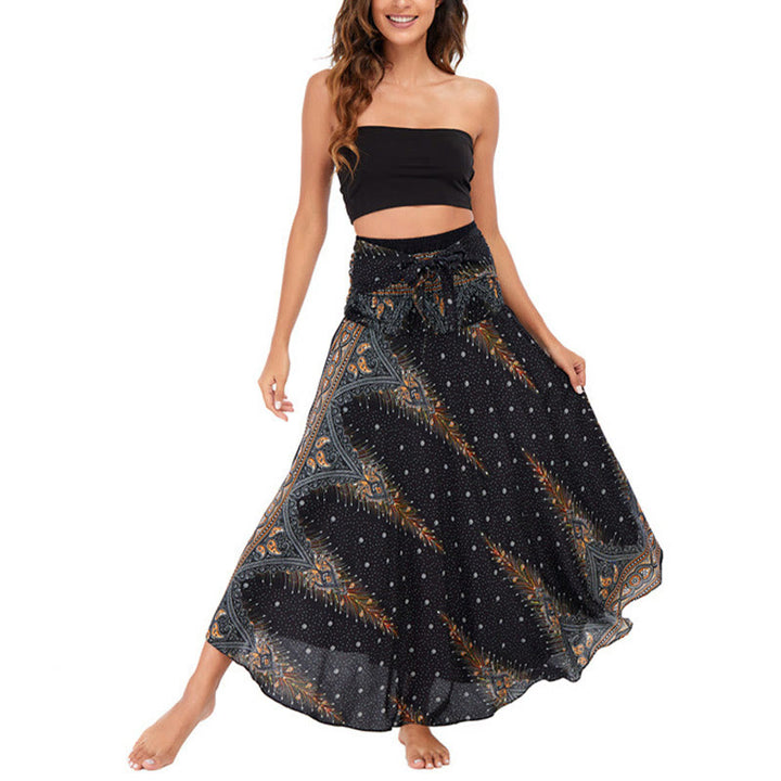 Buddha Stones Due stili indossano Boho Summer Peacock Feather Lace-up Skirt Dress - image 9