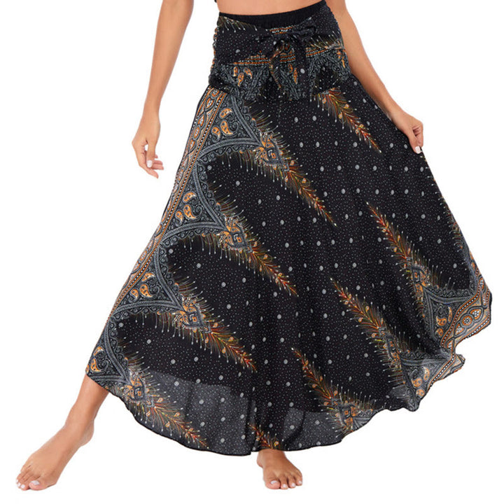 Buddha Stones Due stili indossano Boho Summer Peacock Feather Lace-up Skirt Dress - Nero - US4-12, UK/AU8-16, EU36-44 (F) - image 8